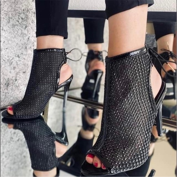 Sexy Black Rhinestone High Heel Booties - Picture 1 of 4